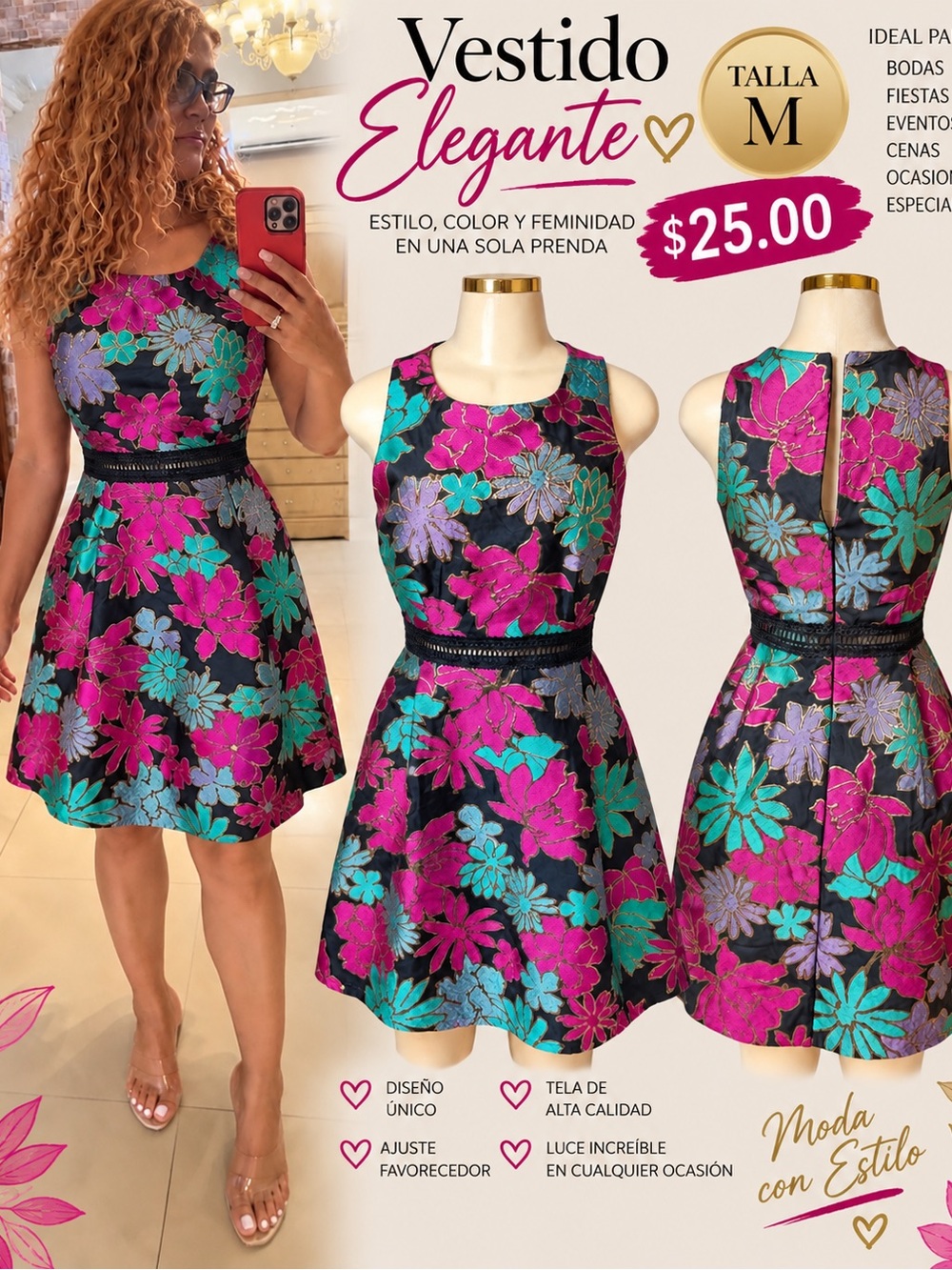 Laundry By Shelli Segal Black Dress with Fuchsia & Teal Floral Print